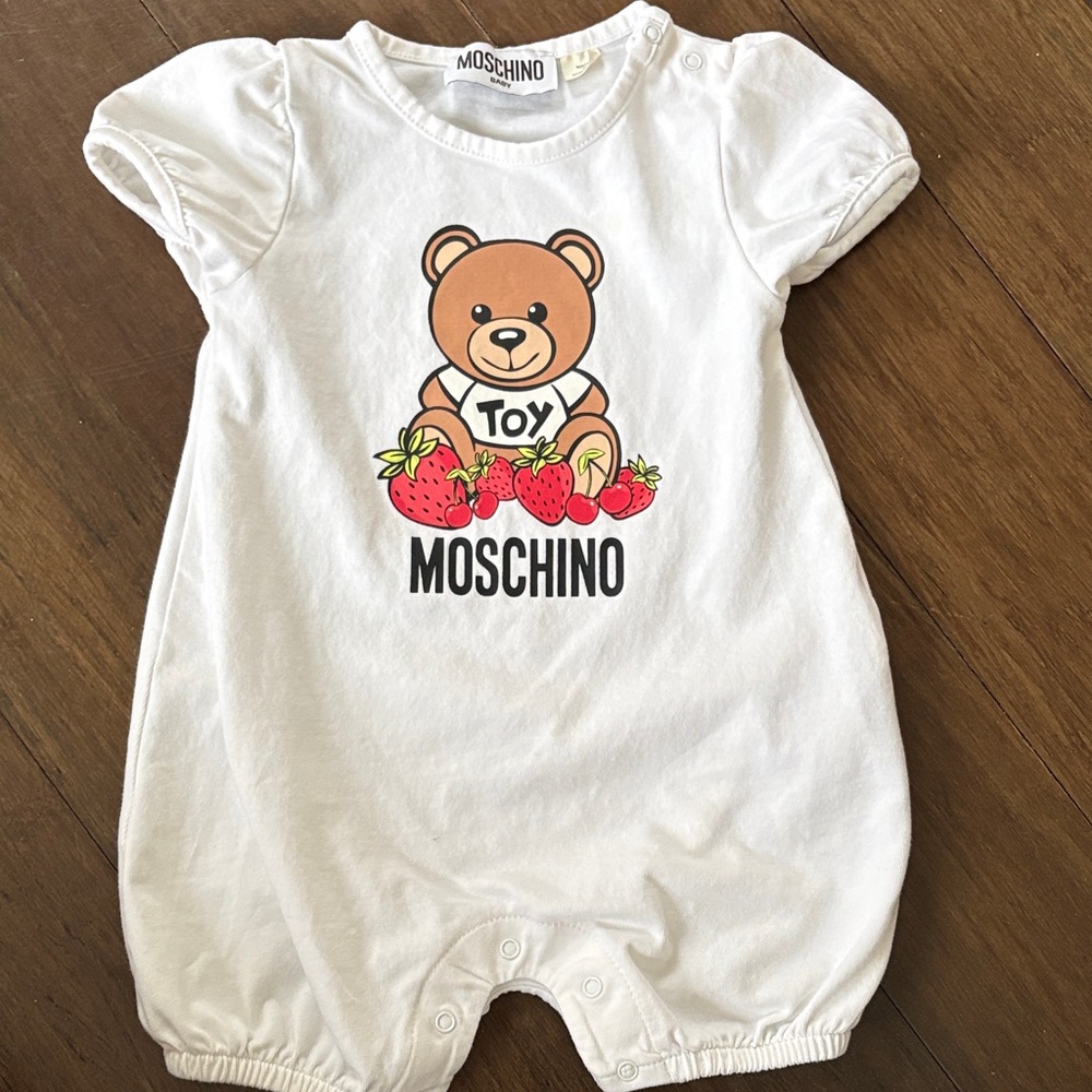 Moschino White Romper with Bear and Strawberry Design
